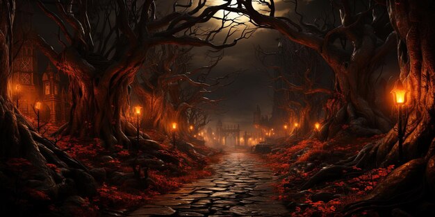 Een sinister bospad met halloween decoraties.