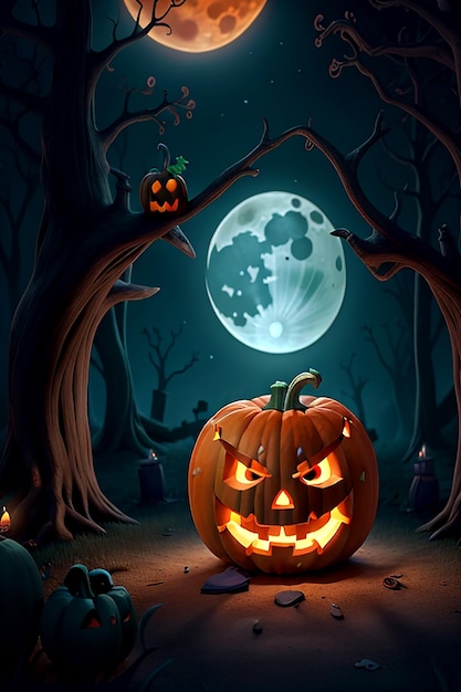 Een sinistere jackolantern verlicht door een mysterieus gloeiend bos