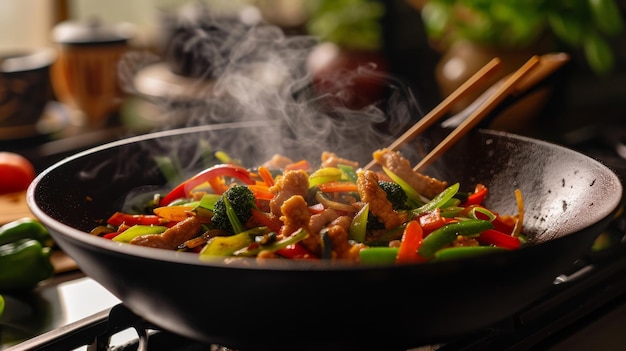 Foto een sizzling stirfry gerecht met kleurrijke groenten en stoom stijgende.