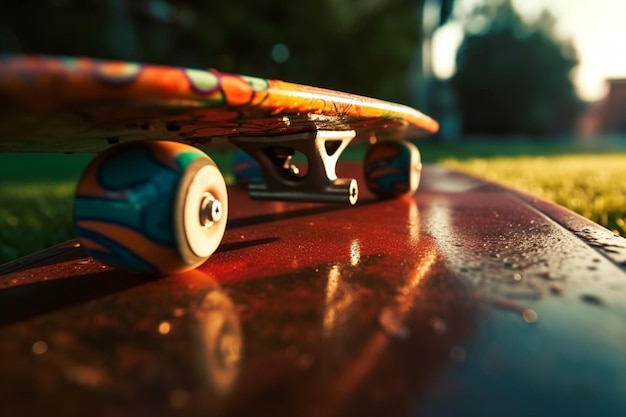Een skateboard met een kleurrijk ontwerp erop