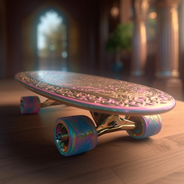Een skateboard met een roze wiel aan de onderkant.