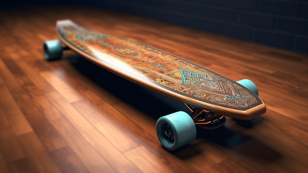 Foto een skateboard op de grond met een blauw wiel erop.
