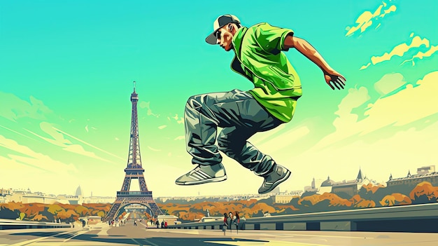 Een skateboarder voert een dynamische truc uit met de iconische Eiffeltoren op de achtergrond die de levendige skateboardscene in Parijs Frankrijk toont