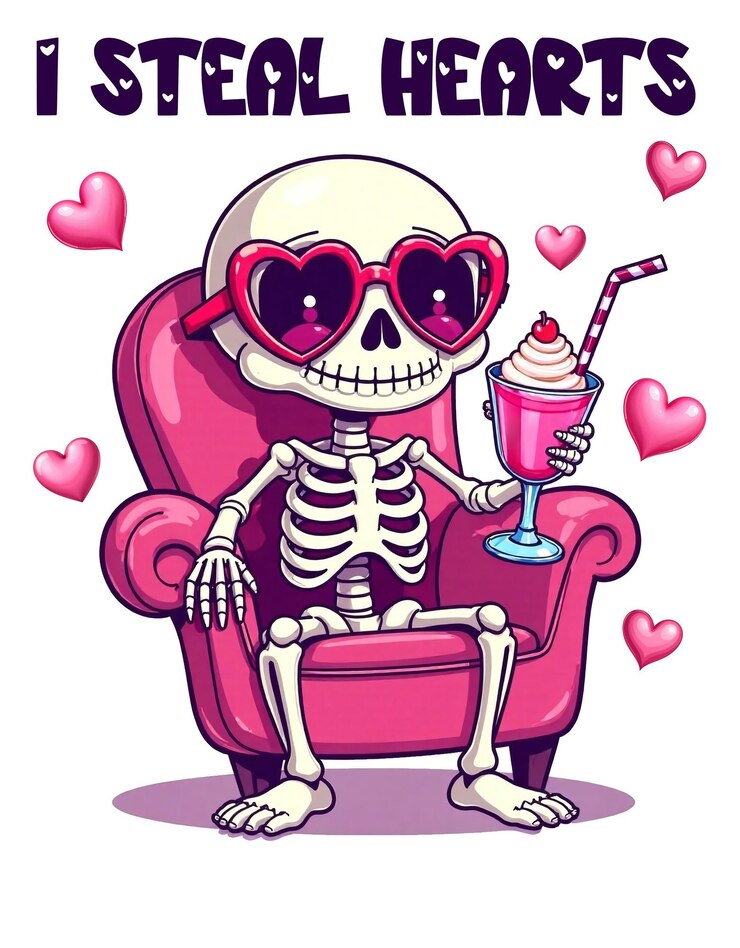 Foto een skelet dat in een roze stoel zit met een cocktail met een kers op de top en een hartvormige zonnebril draagt de tekst i steal hearts benadrukt de speelse en humoristische sfeer