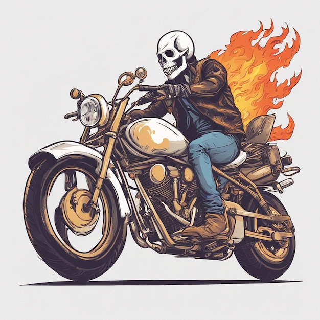 een skelet dat op een motorfiets rijdt, gekleed in een jas en spijkerbroek met vuurt-shirtontwerpvector klaar