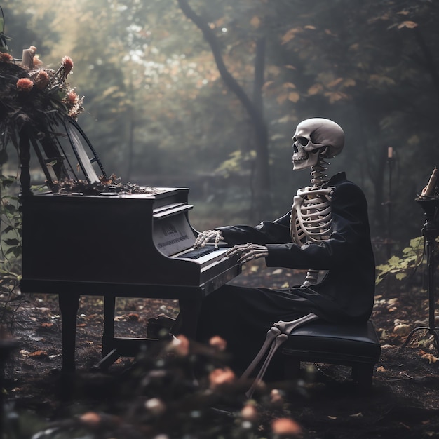 een skelet die een piano speelt in het bos