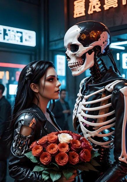 een skelet geeft een boeket bloemen aan een mooie menselijke vrouw met donkerzwart haar in de cyberp