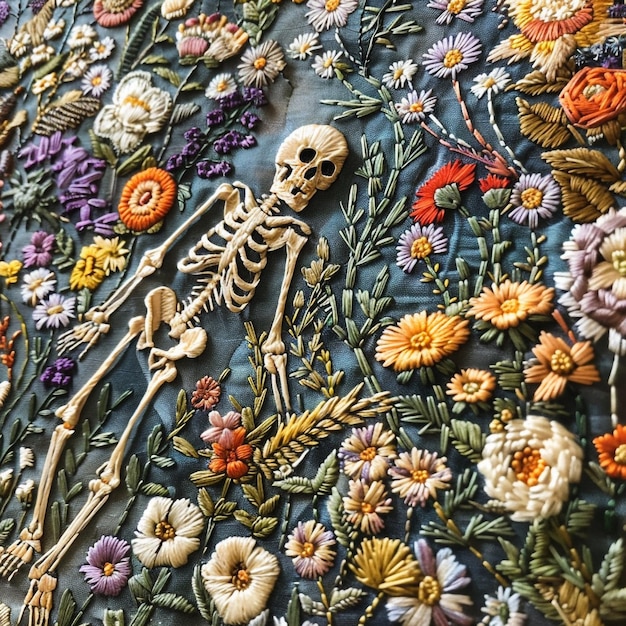 Foto een skelet is op een blauwe doek met bloemen en bloemen