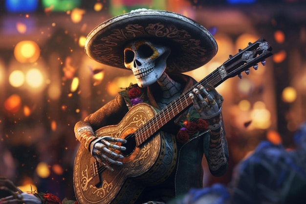 Een skelet-mariachi die gitaar speelt Generatieve AI in Day of the Dead-stijl