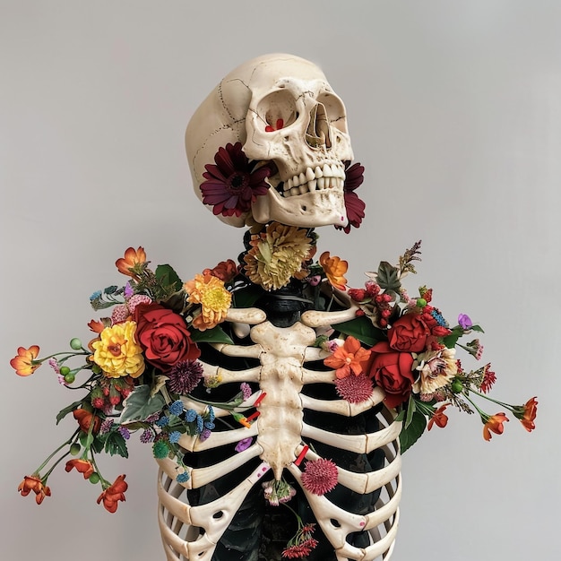 een skelet met bloemen in zijn armen en een schedel met bloemen In het midden