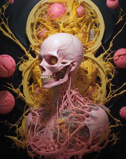 een skelet met een roze lichaam en een gele cirkel van bacteriën aan de onderkant