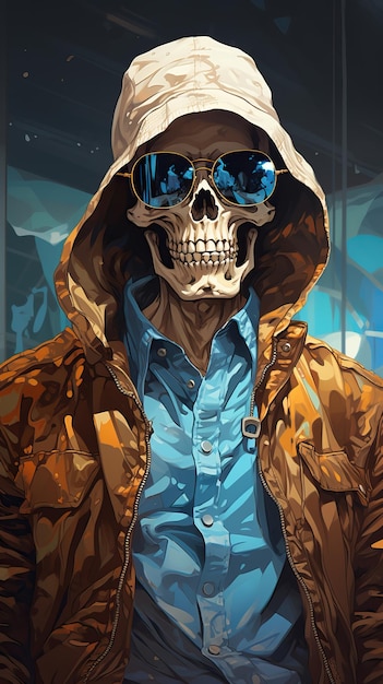 een skelet met een zonnebril en een jas