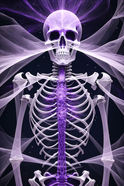 Een skelet met paarse vloeistoffen