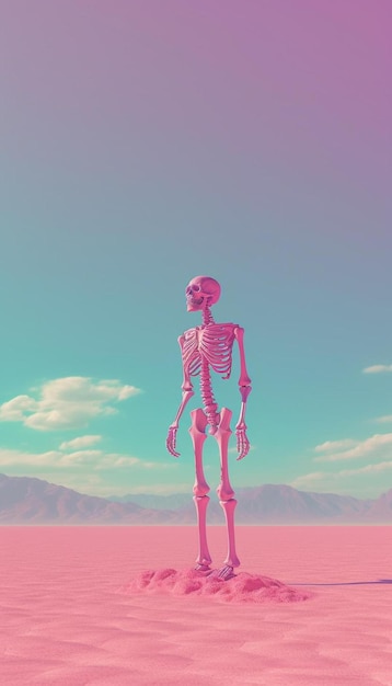 Een skelet staat voor een roze meer.
