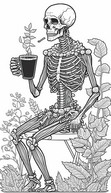 Een skelet zittend op een krukje met een kop koffie in zijn hand.