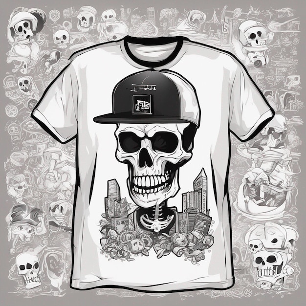 Foto een skeletfiguur met een t-shirt met een klassiek hiphop-ontwerp t-shirtontwerp halloween