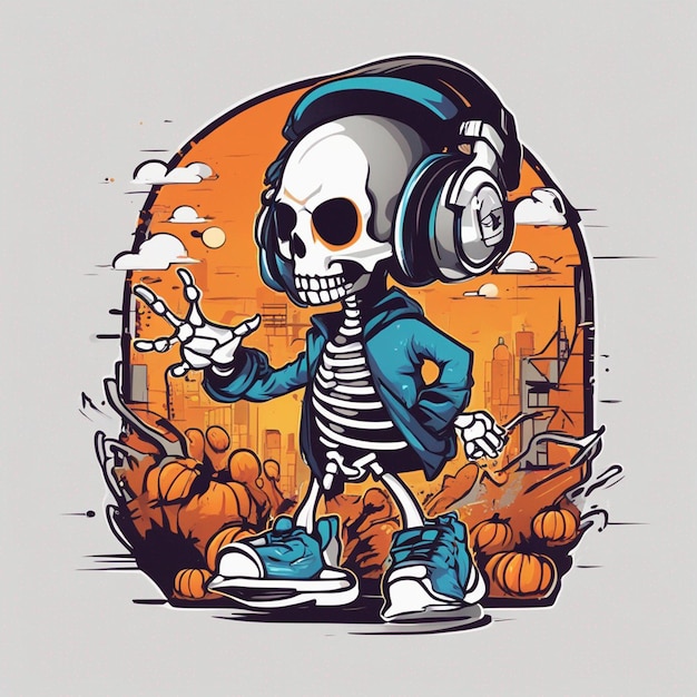 Een skeletfiguur met een t-shirt met een klassiek hiphop-ontwerp t-shirtontwerp Halloween