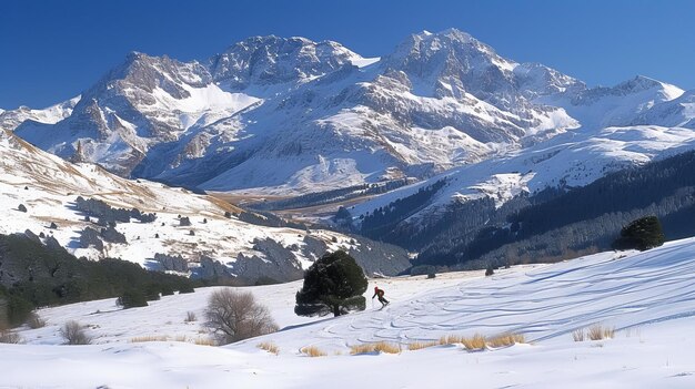 Een skiër glijdt een besneeuwde helling in de Spaanse Pyreneeën af