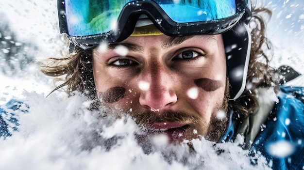 Een skiër met sneeuw op zijn gezicht en een bril