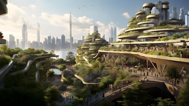 Een skyline met innovatieve architectuur en daktuinen