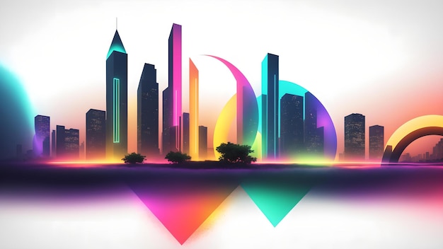 Een skyline van de stad met een levendige regenboog die in het water wordt weerspiegeld