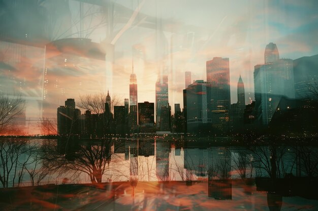 Een skyline van de stad vermengt zich met een rustige zonsondergang in dubbele belichting