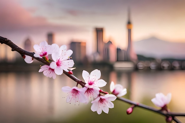 Een skyline van de stad wordt gezien achter een tak van abrikozenbloesems.