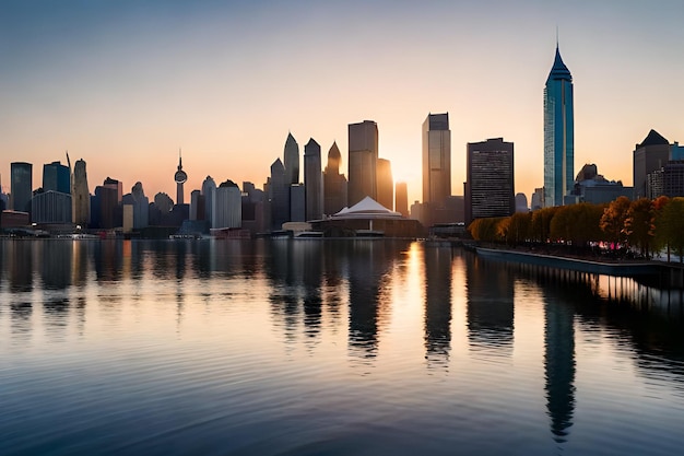 Een skyline van een stad met daarachter de ondergaande zon