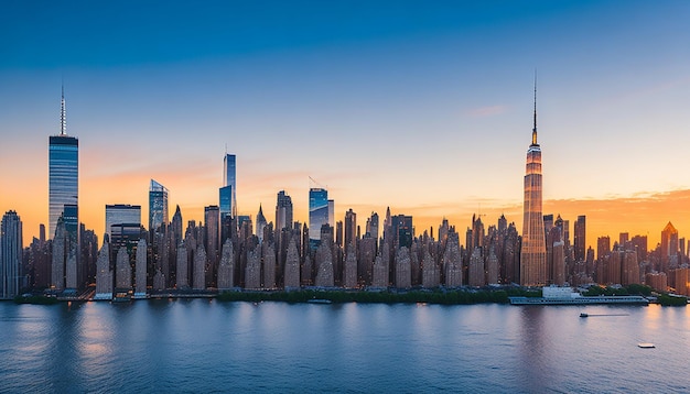 Een skyline van manhattan met een wolkenkrabber op de voorgrond en een blauwe lucht met wolken.