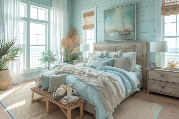Een slaapkamer in kust-geïnspireerde stijl, compleet met decoratieve accenten met kustthema's.