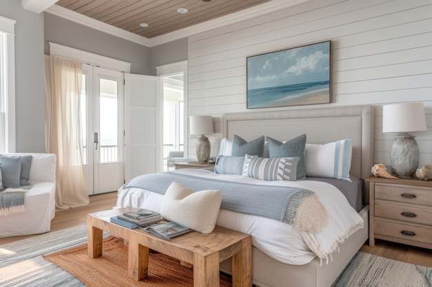 Een slaapkamer in kuststijl met accenten op het decor met kustthema's