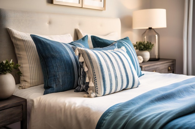 Een slaapkamer met blauw-witte en zwarte meubel kussens en ingelijste foto