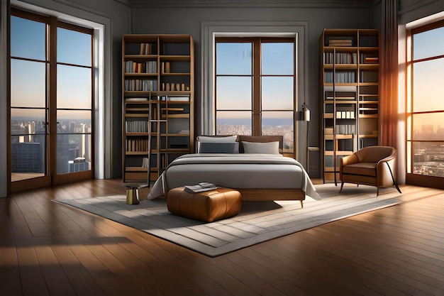 Een slaapkamer met een bed, boekenplanken en een boekenkast.