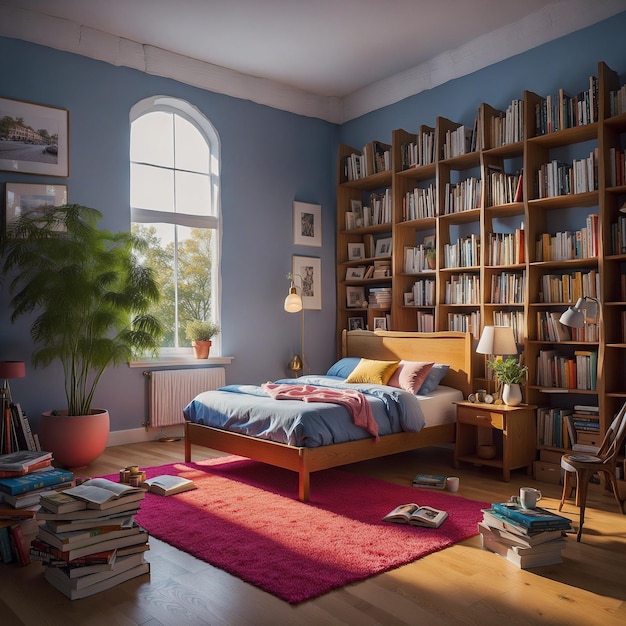 Foto een slaapkamer met een bed een boekenkast een plant en een raam