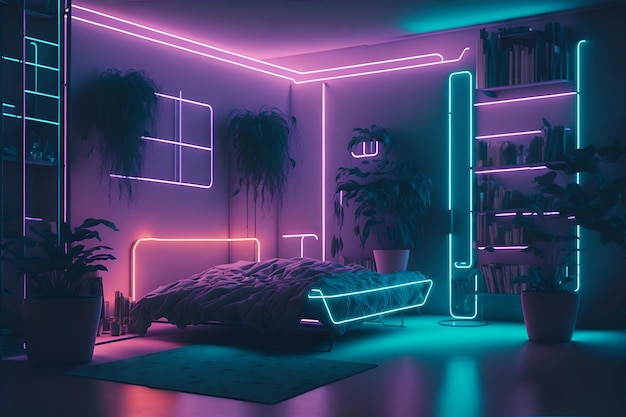 Een slaapkamer met een bed en een boekenkast met 'neon' erop