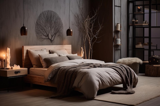 Een slaapkamer met een bed en een lamp aan de muur