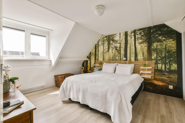 een slaapkamer met een bed en een muurschildering van een