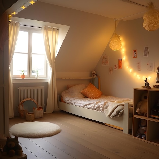 Een slaapkamer met een bed en een plank waar lampjes aan hangen