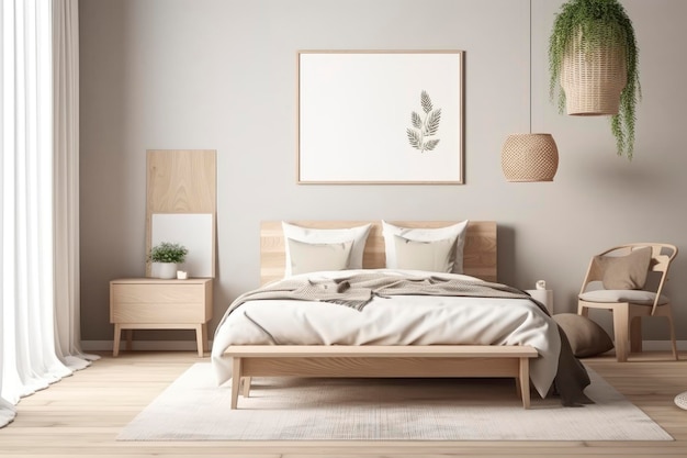 Een slaapkamer met een bed en een plant aan de muur.