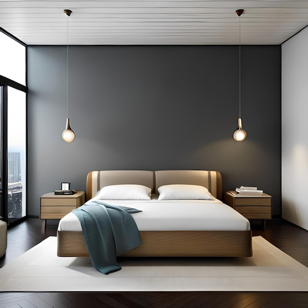 Een slaapkamer met een bed en een tafel met twee lampen die aan het plafond hangen.