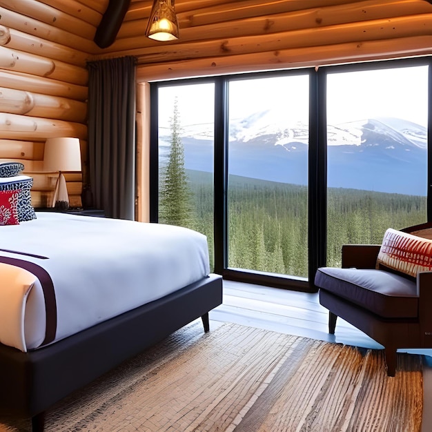 Een slaapkamer met een bed en uitzicht op de bergen