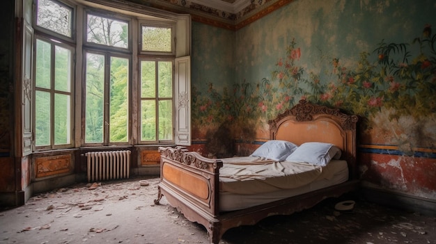 Een slaapkamer met een bed in het midden van de kamer met een raam dat is beklad met graffiti.