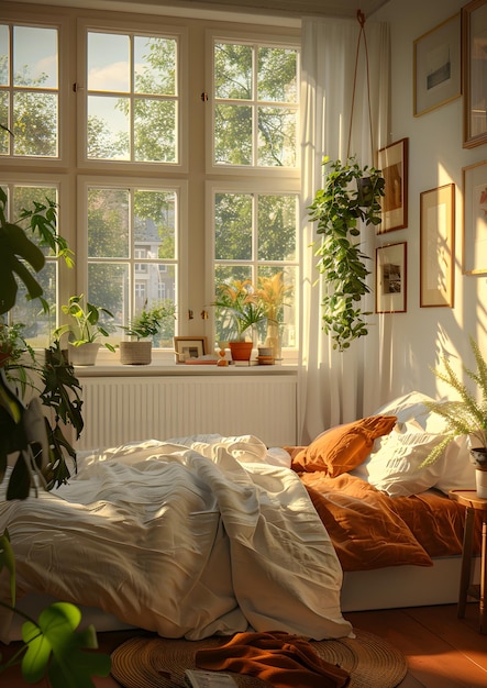 Een slaapkamer met een bed, planten en een groot raam.