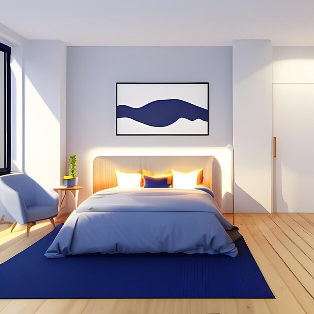 Een slaapkamer met een blauw bed en een witte stoel met een blauw kussen erop.