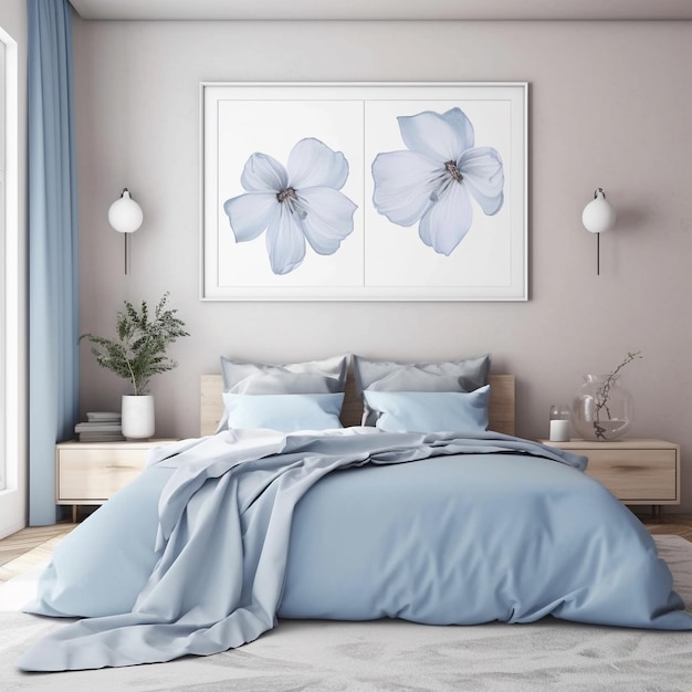 Een slaapkamer met een blauw-witte afbeelding aan de muur en een afbeelding van bloemen aan de muur.
