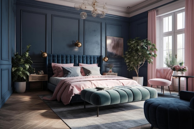 Een slaapkamer met een blauwe muur en een bed met een blauw hoofdbord en een roze kussen.