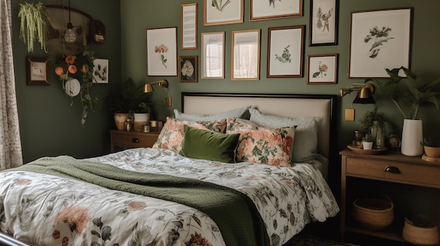 Een slaapkamer met een bloemenbed en een dressoir met een lamp erop.