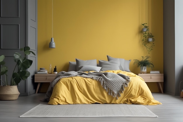 Een slaapkamer met een gele muur en een geel bed met een grijze deken