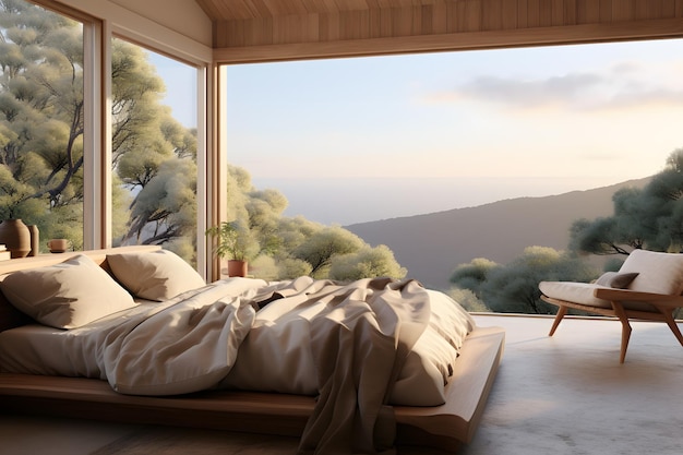 een slaapkamer met een gezellige zitplaats bij het raam met uitzicht op een schilderachtig uitzicht