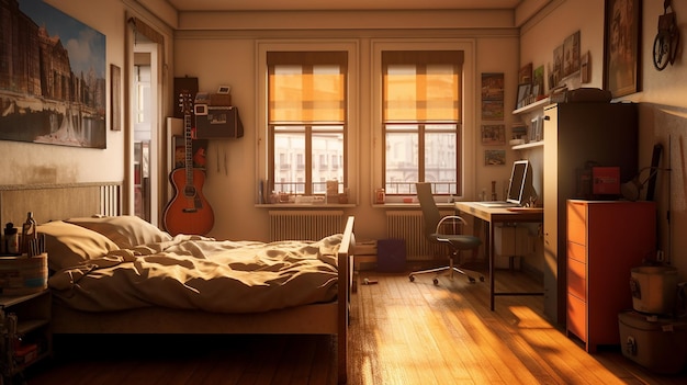 een slaapkamer met een gitaar en een gitaar op de muur